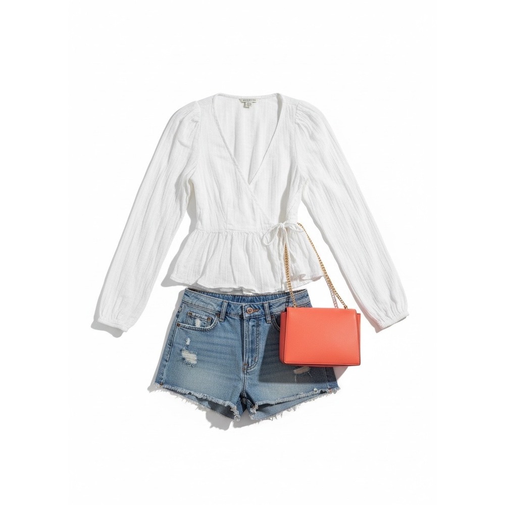 American Eagle White Textured Wrap Peplum Blouse V-Neck Top M-Breezy Romantic